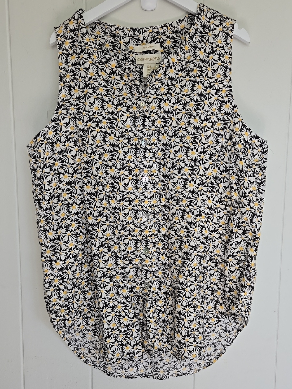 100% Linen Black & White Daisy Print Sleeveless Top Size M Cynthia Rowley